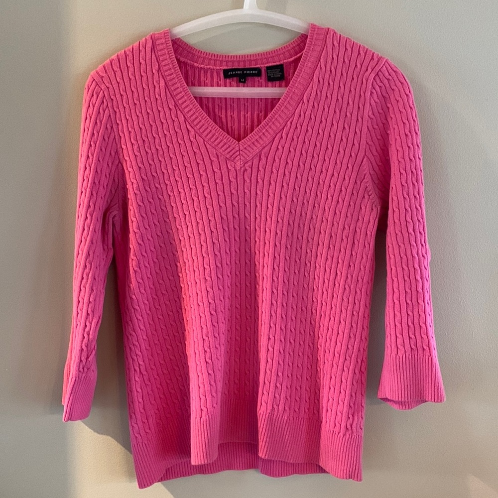 Jeanne Pierre Cable Knit V-Neck Sweater